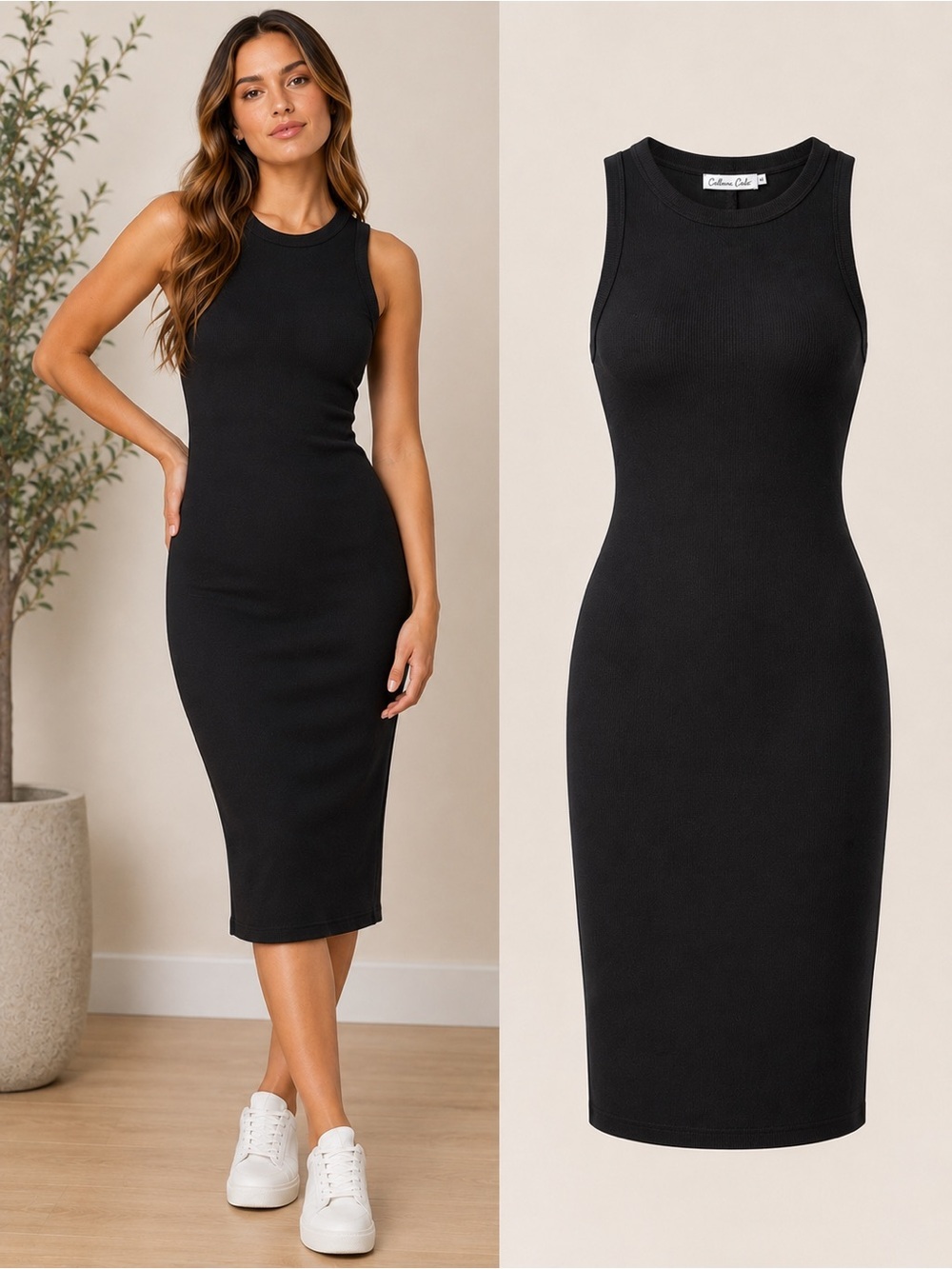 Culture Code | Black Ribbed Midi Tank Dress | Sleeveless Minimalist Bodycon | M